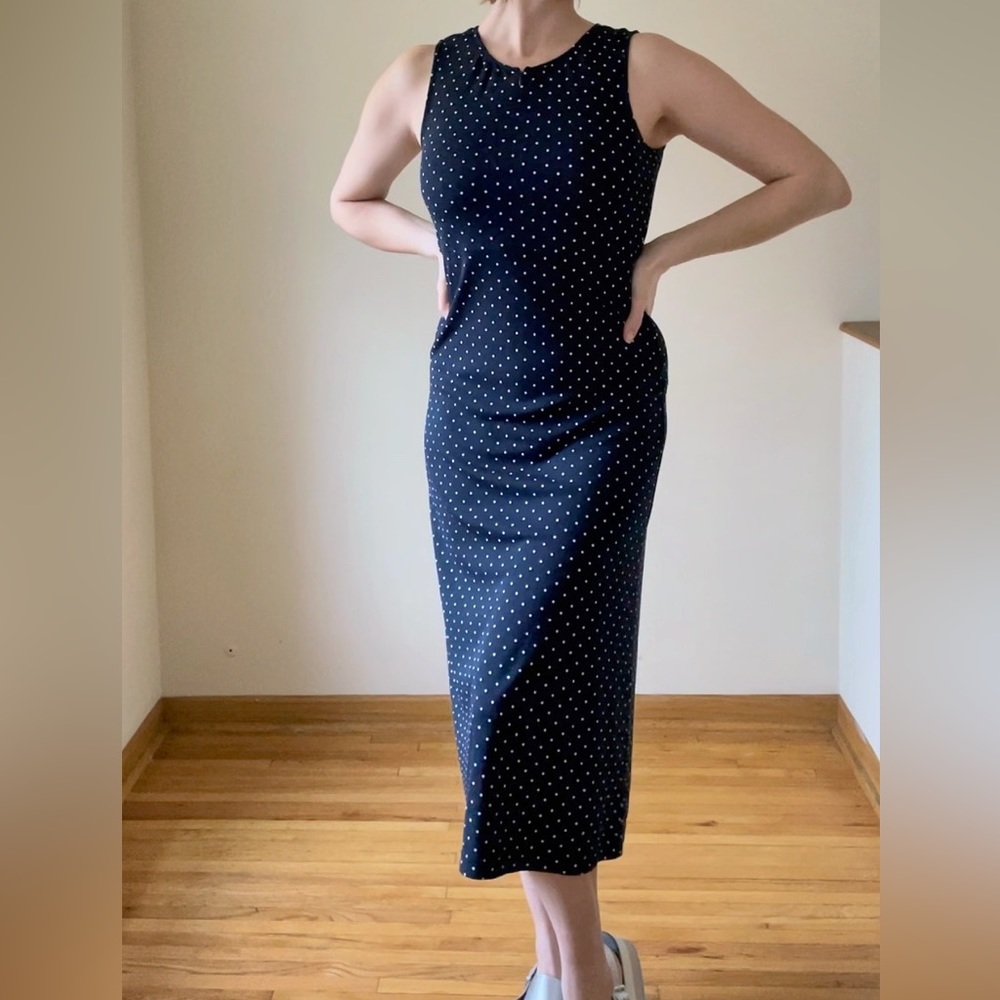 90s vintage Blue polka dot bodycon/shift dress